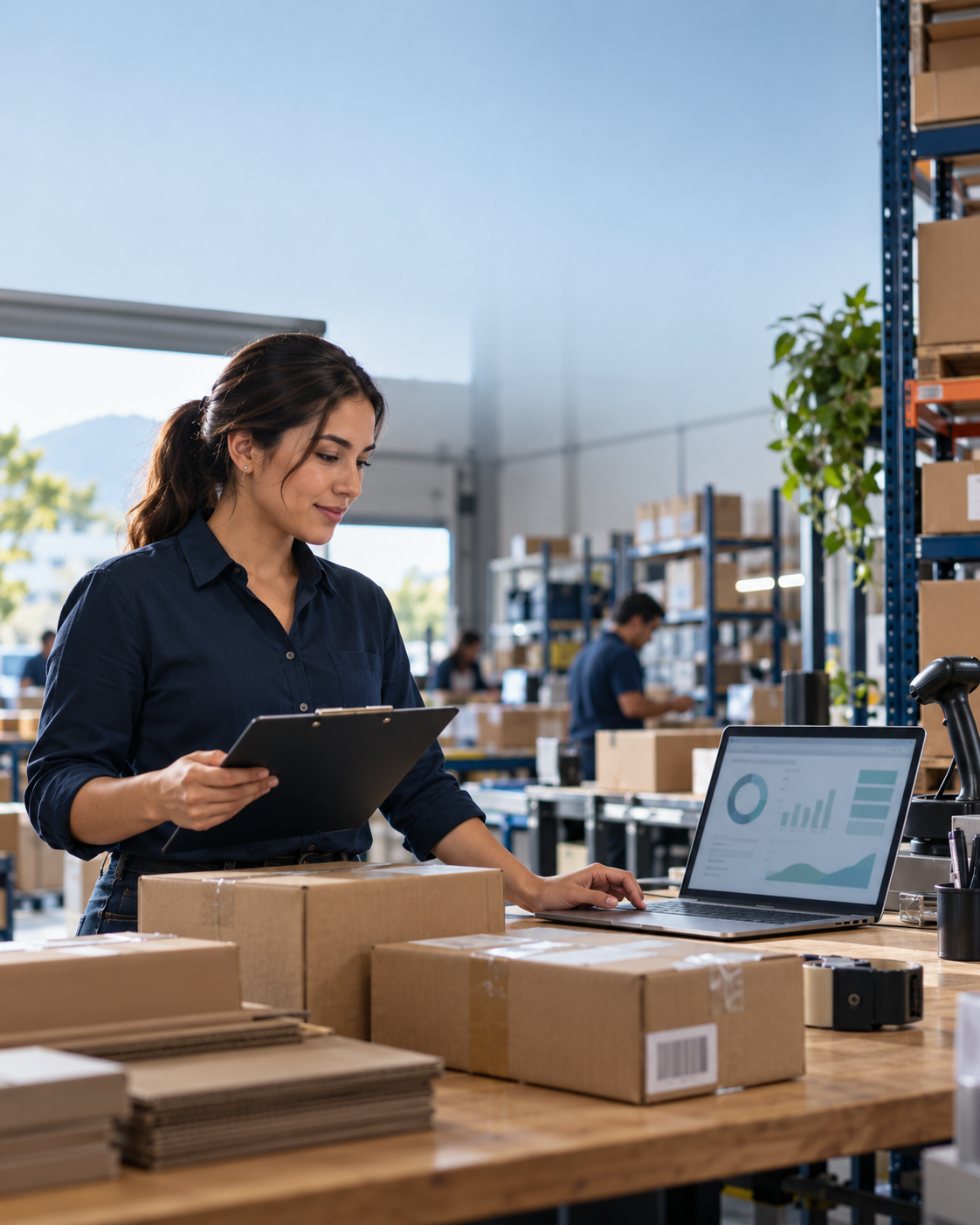 Persona coordinando pedidos y preparación de productos en una operación de almacén